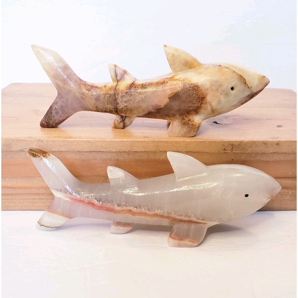 Pair Of Genuine Natural Gemstone Onyx Sharks‎ Fish Figurines 6.5"